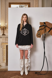 Black Printed Lace Hoodie Fleece Long T-Shirt