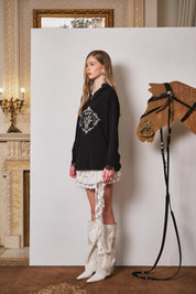 Black Printed Lace Hoodie Fleece Long T-Shirt