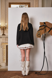 Black Printed Lace Hoodie Fleece Long T-Shirt