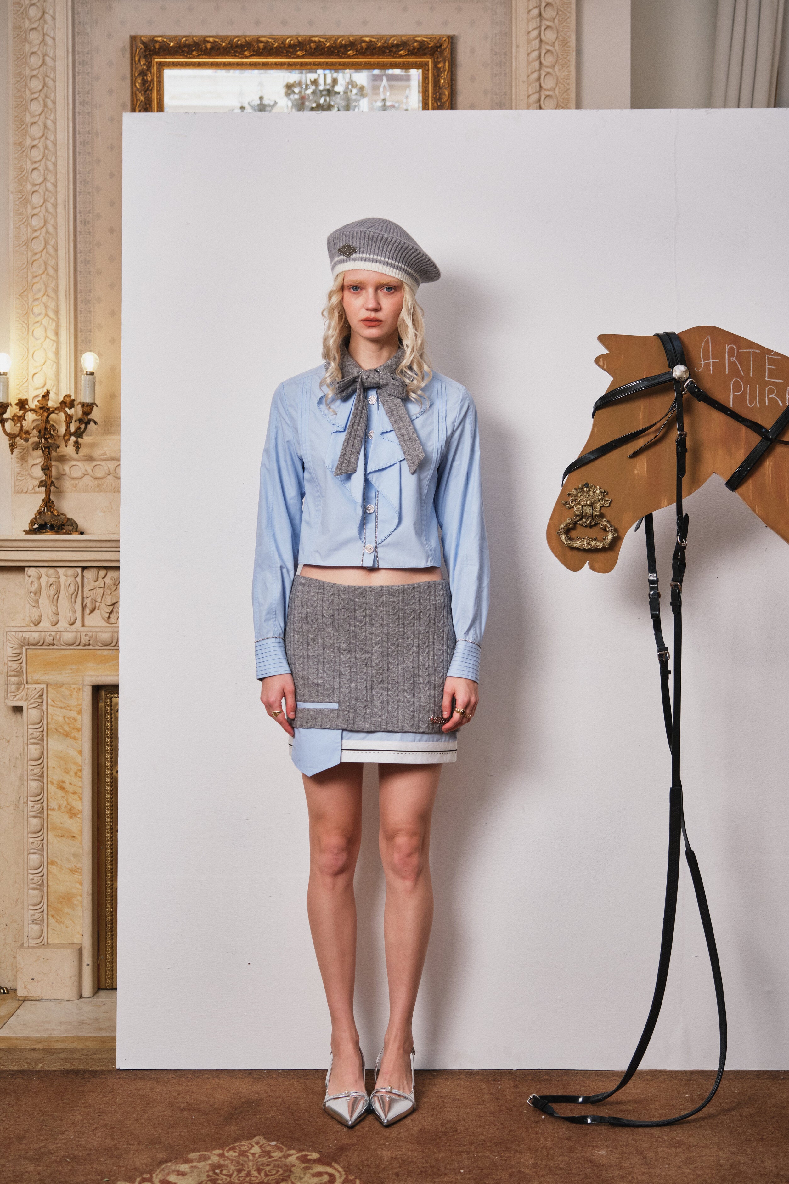 Blue Cropped Shirt with Detachable Knit Collar