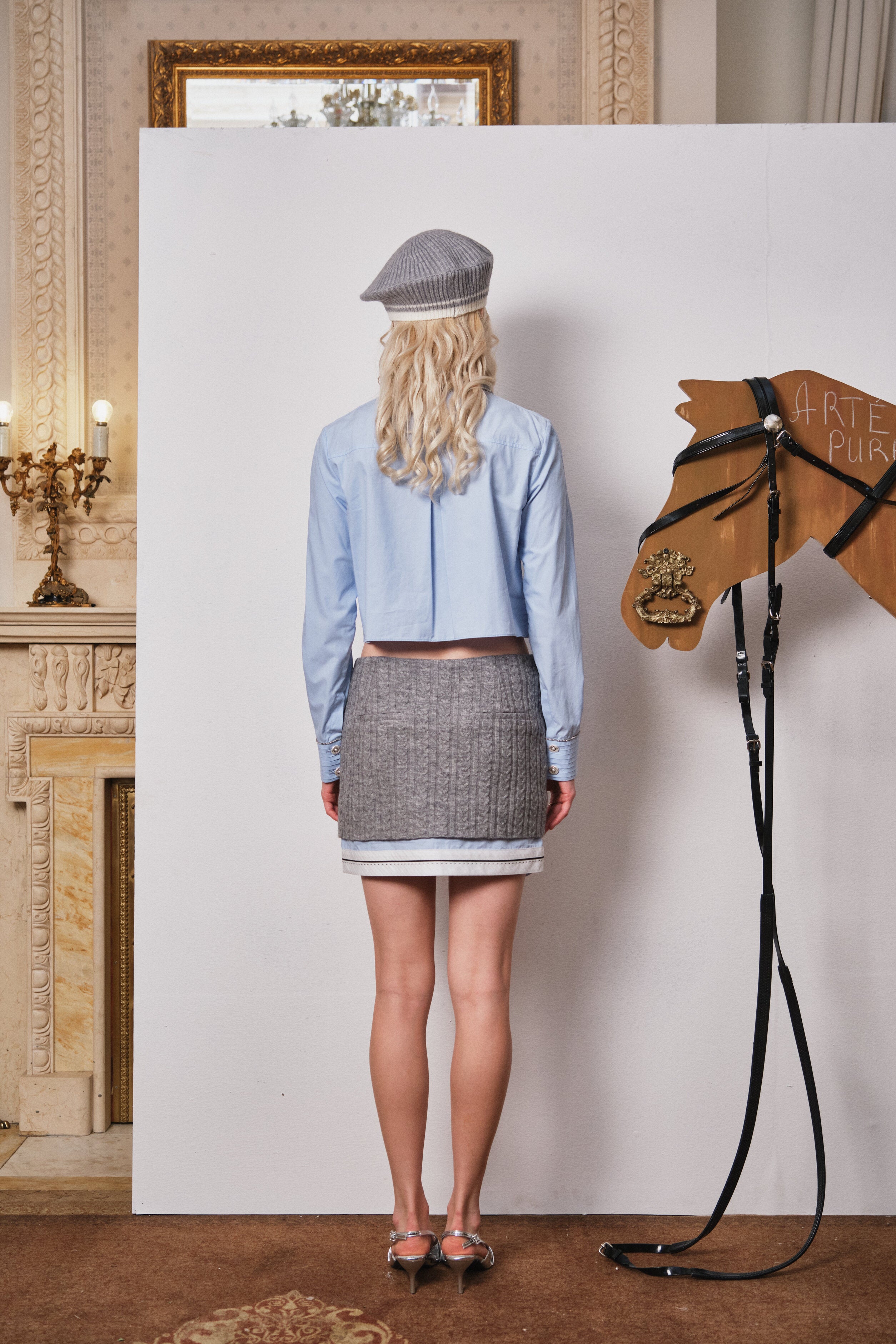 Blue Cropped Shirt with Detachable Knit Collar