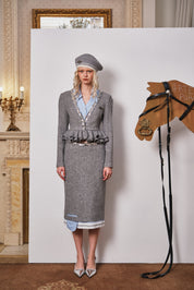 Gray Sequin-Waist Cable-Knit Midi Skirt