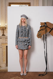 Gray Gradient Plaid Lace-Trim Jacket