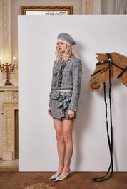 Gray Gradient Plaid Lace-Trim Jacket