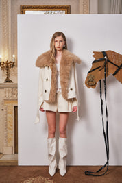 Ivory Colorblock Faux-Fur Large Collar Wool Coat