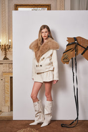 Ivory Colorblock Faux-Fur Large Collar Wool Coat