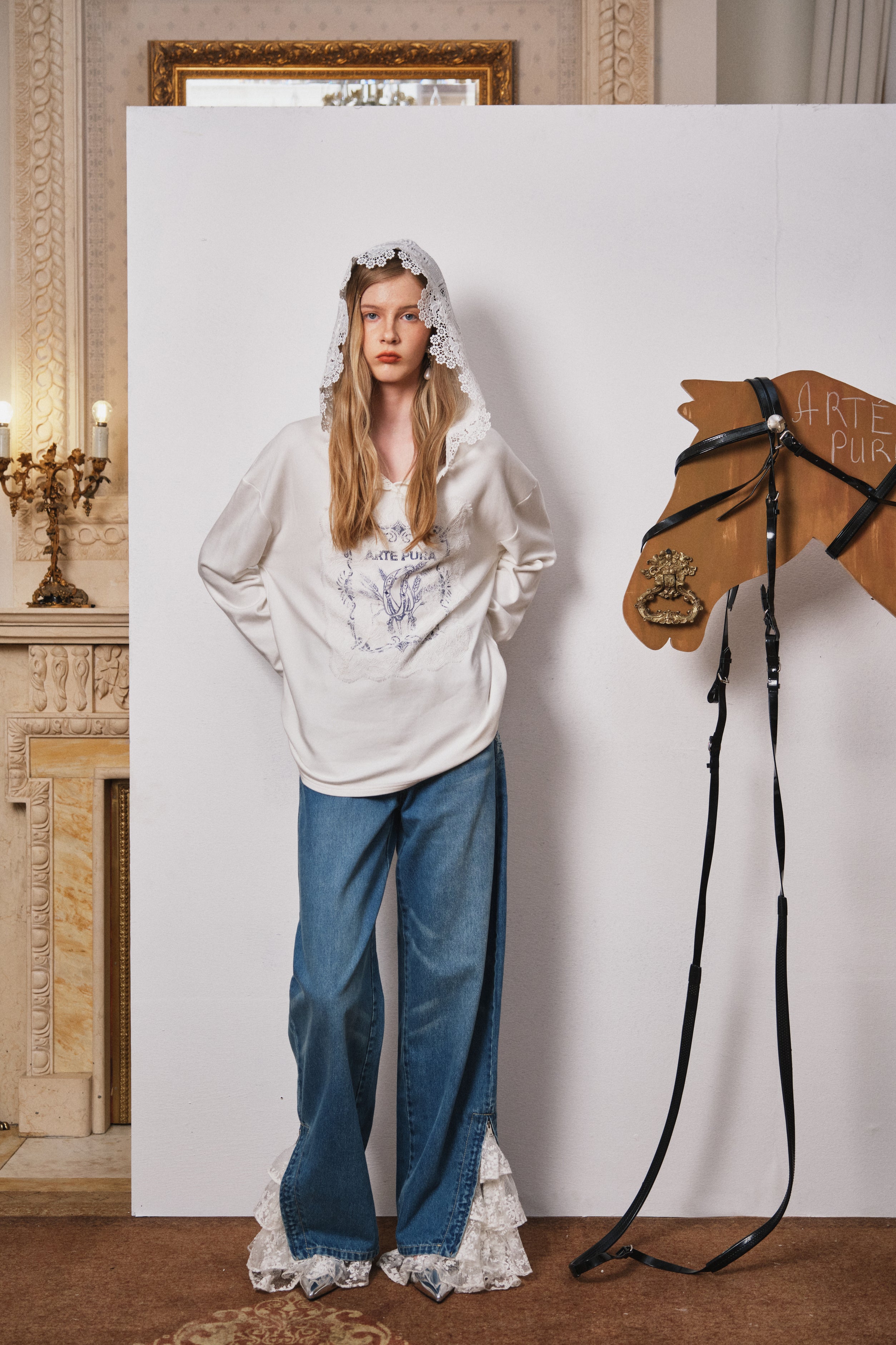 Light Blue Lace Wave-Hem Split Denim Pants