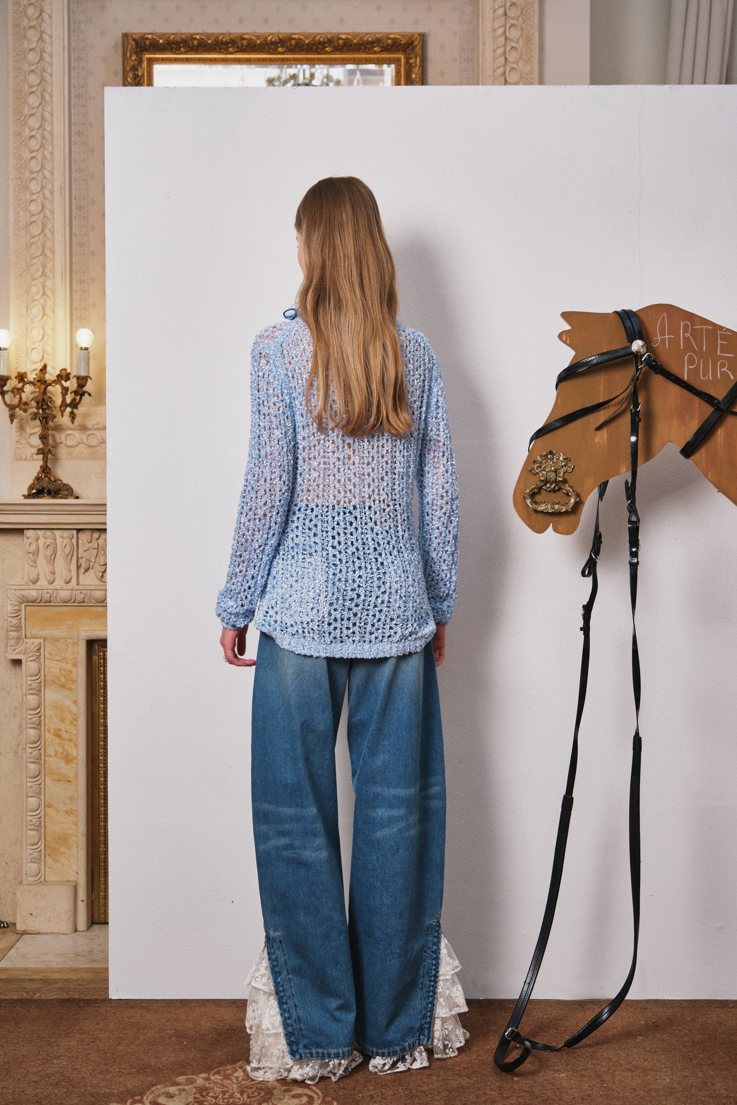 Blue Mesh Logo Patch Fishnet Top