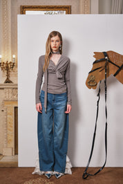 Gray Fitted Twist-Front Long Sleeve Top