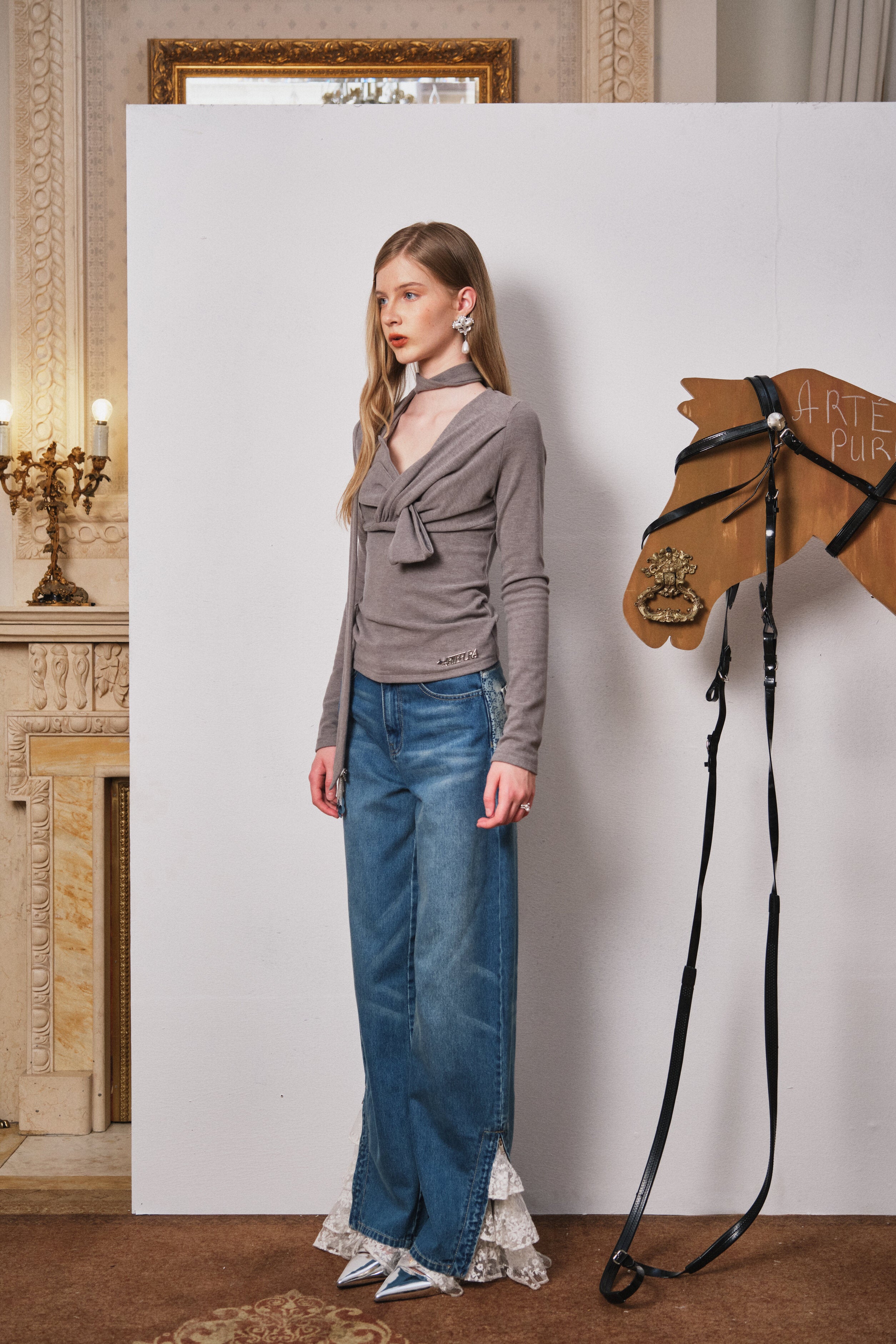 Gray Fitted Twist-Front Long Sleeve Top