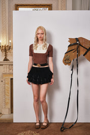 Brown Colorblock Knit Short-Sleeve Top