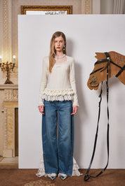 Light Blue Lace Wave-Hem Split Denim Pants
