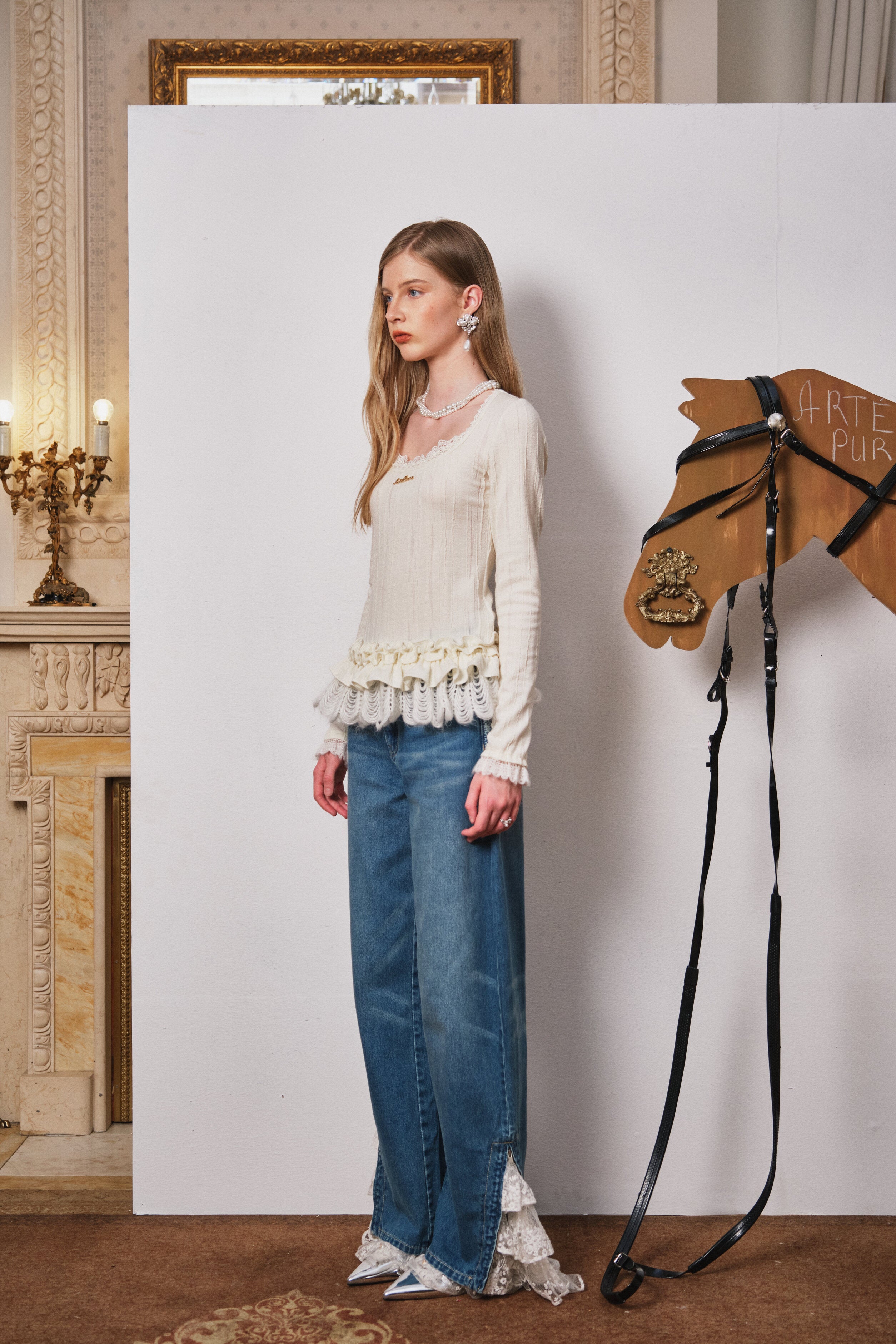 Light Blue Lace Wave-Hem Split Denim Pants