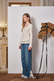 Ivory Lace-Trim Wool Knit Scalloped Top