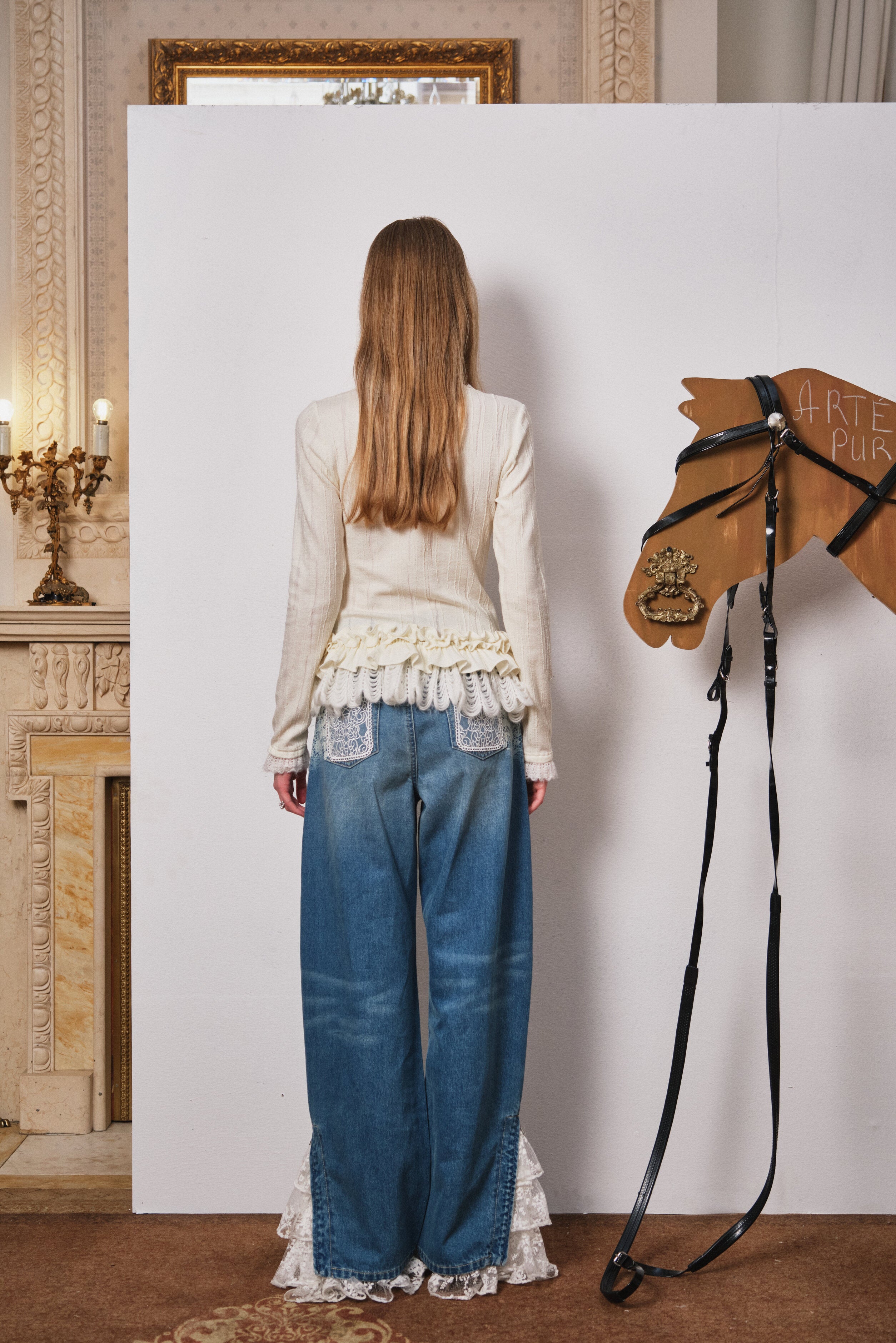 Ivory Lace-Trim Wool Knit Scalloped Top