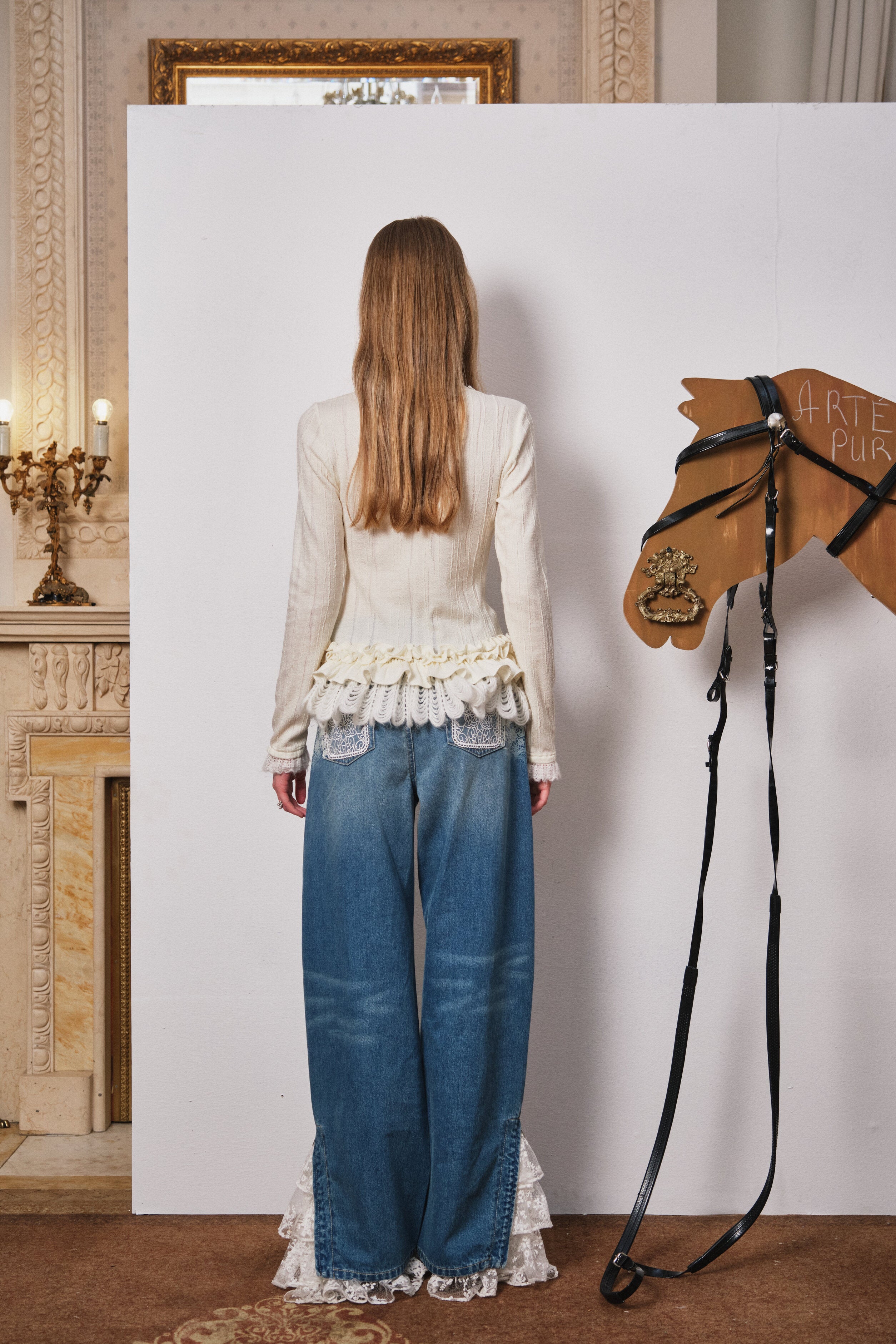 Light Blue Lace Wave-Hem Split Denim Pants