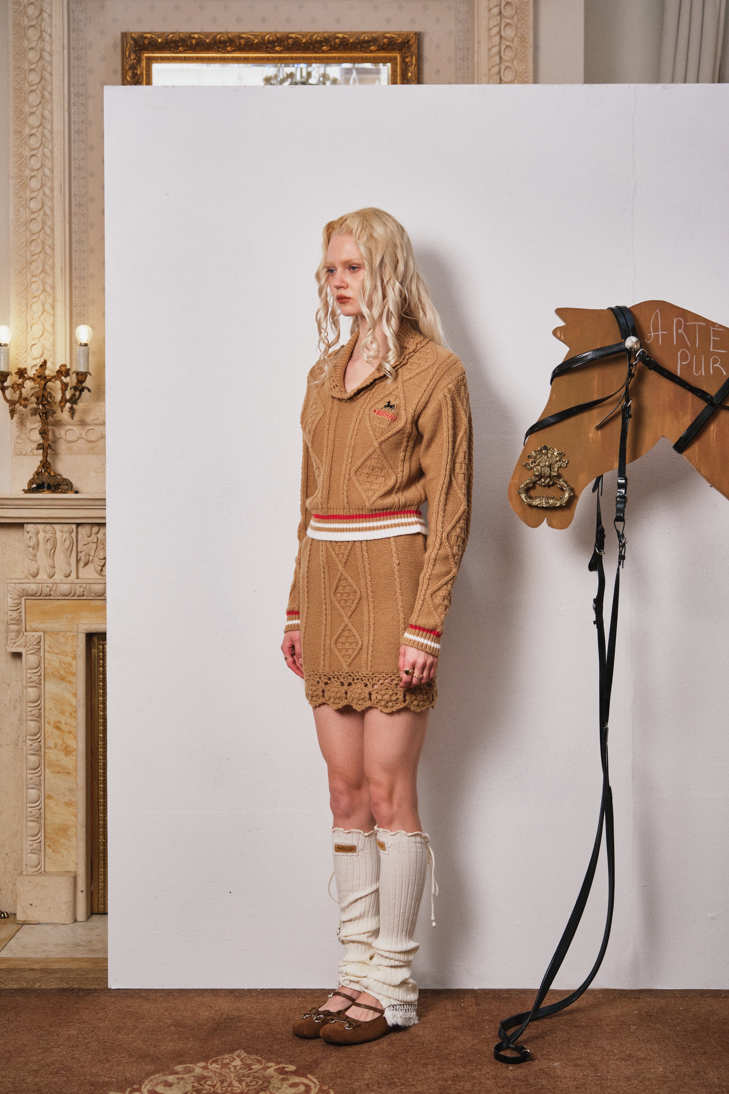 Light Coffee Knit Pullover with Crochet Collar