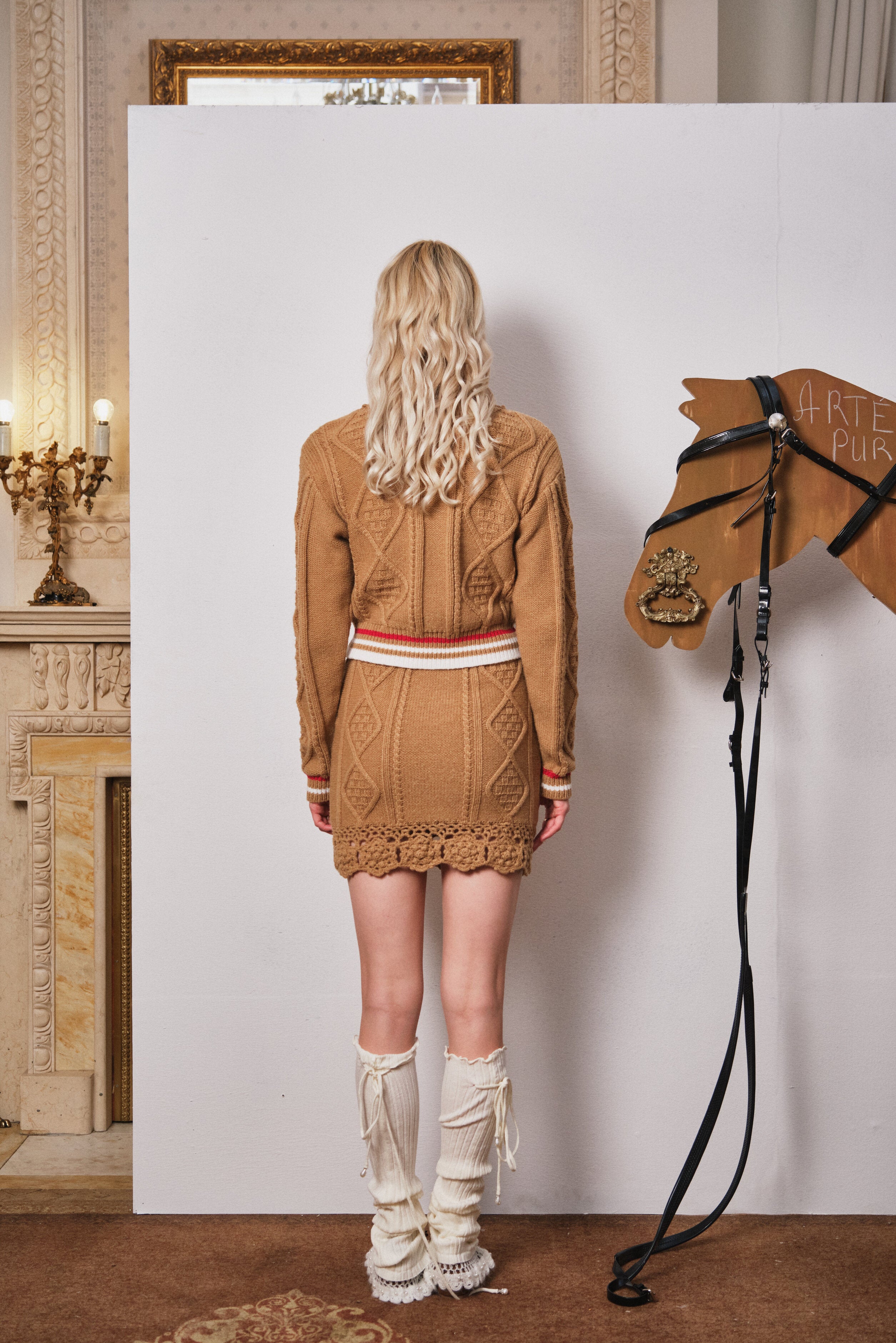 Light Coffee Knit Pullover with Crochet Collar