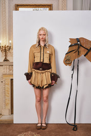 Light Coffee Short Jacket with Detachable Velvet Fur Collar