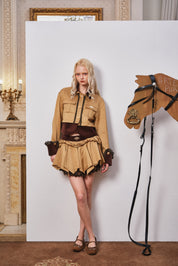 Light Coffee Short Jacket with Detachable Velvet Fur Collar