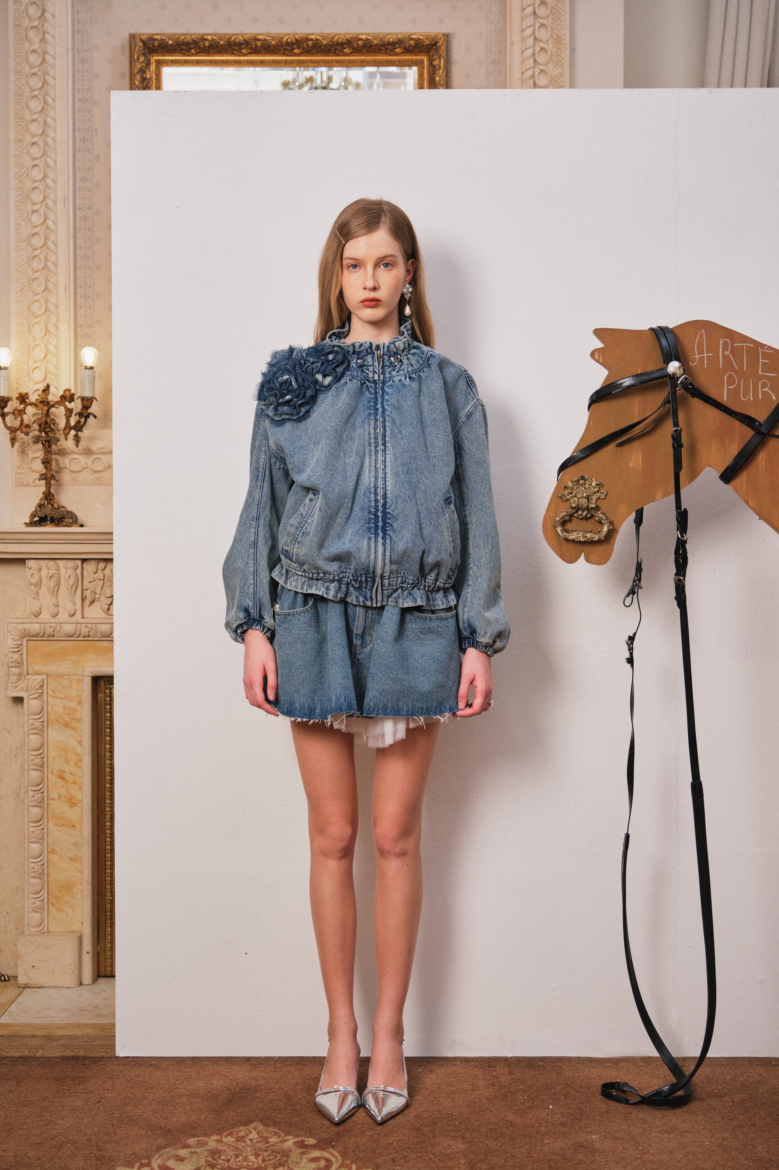 Blue Lace-Trim Denim Mini Skirt