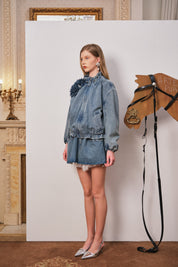 Blue Lace-Trim Floral Denim Drawstring Jacket