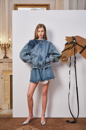 Blue Lace-Trim Denim Mini Skirt