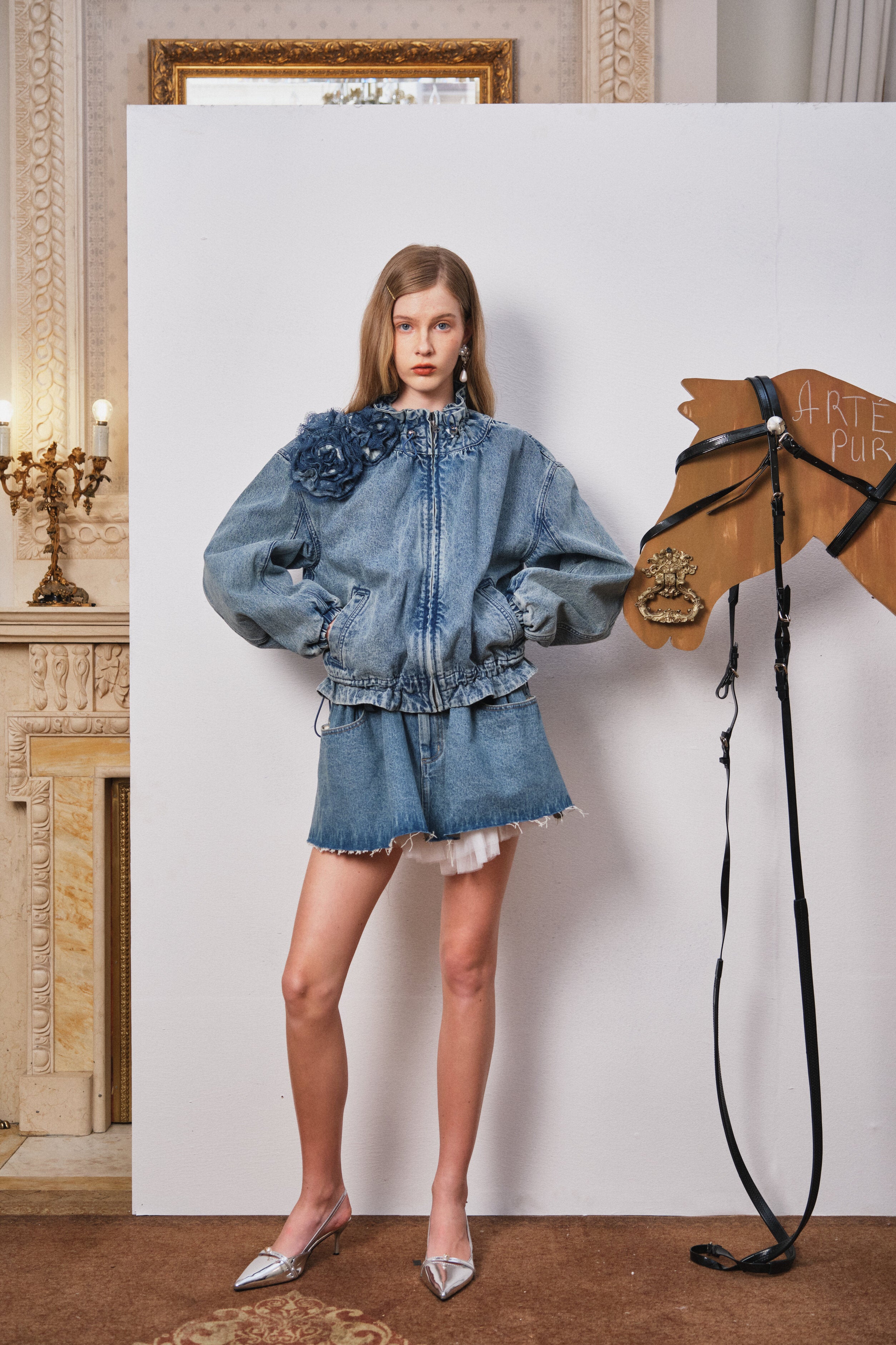 Blue Lace-Trim Denim Mini Skirt