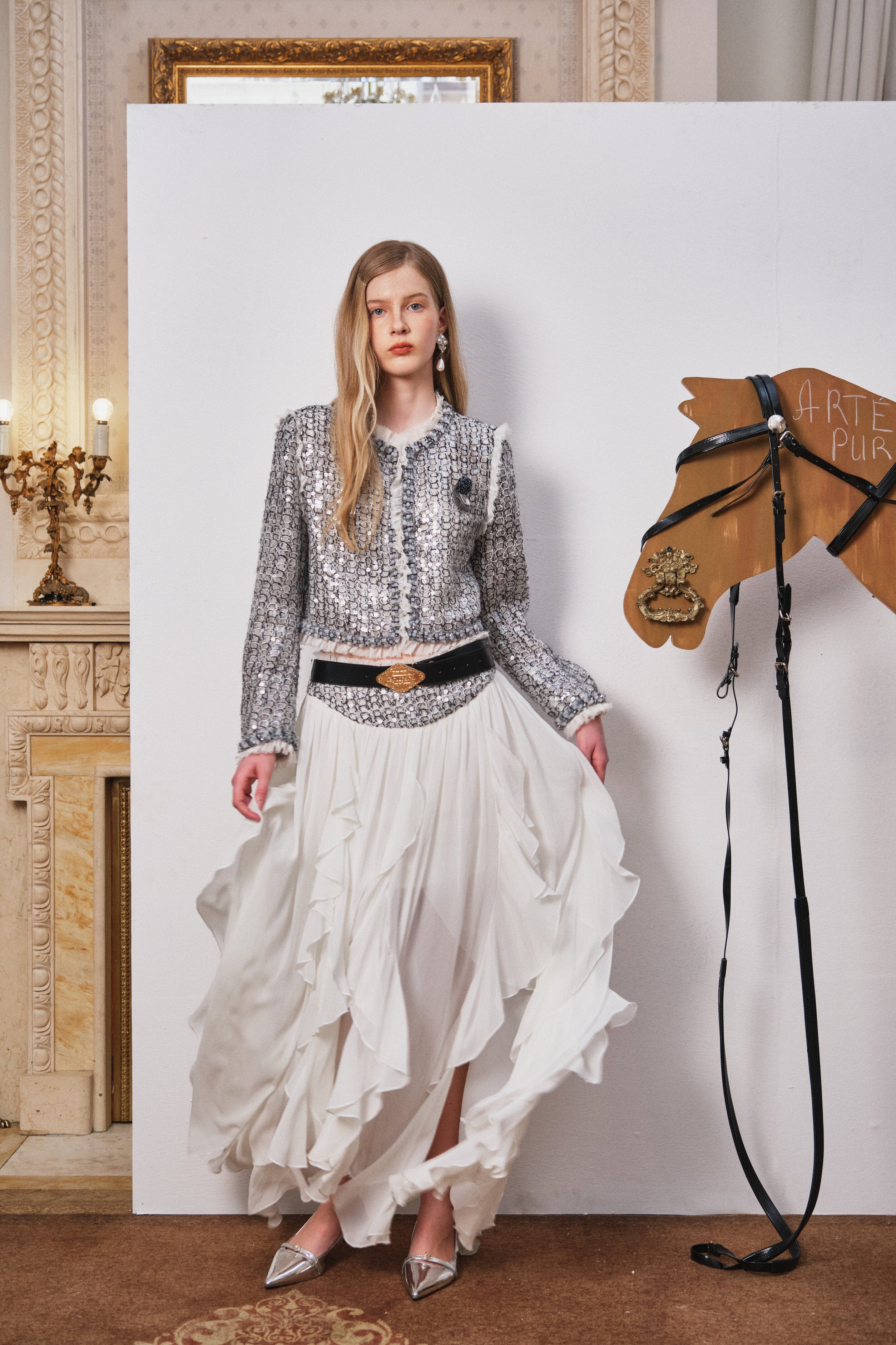 Gray Sequin Jacket with Tulle Trim