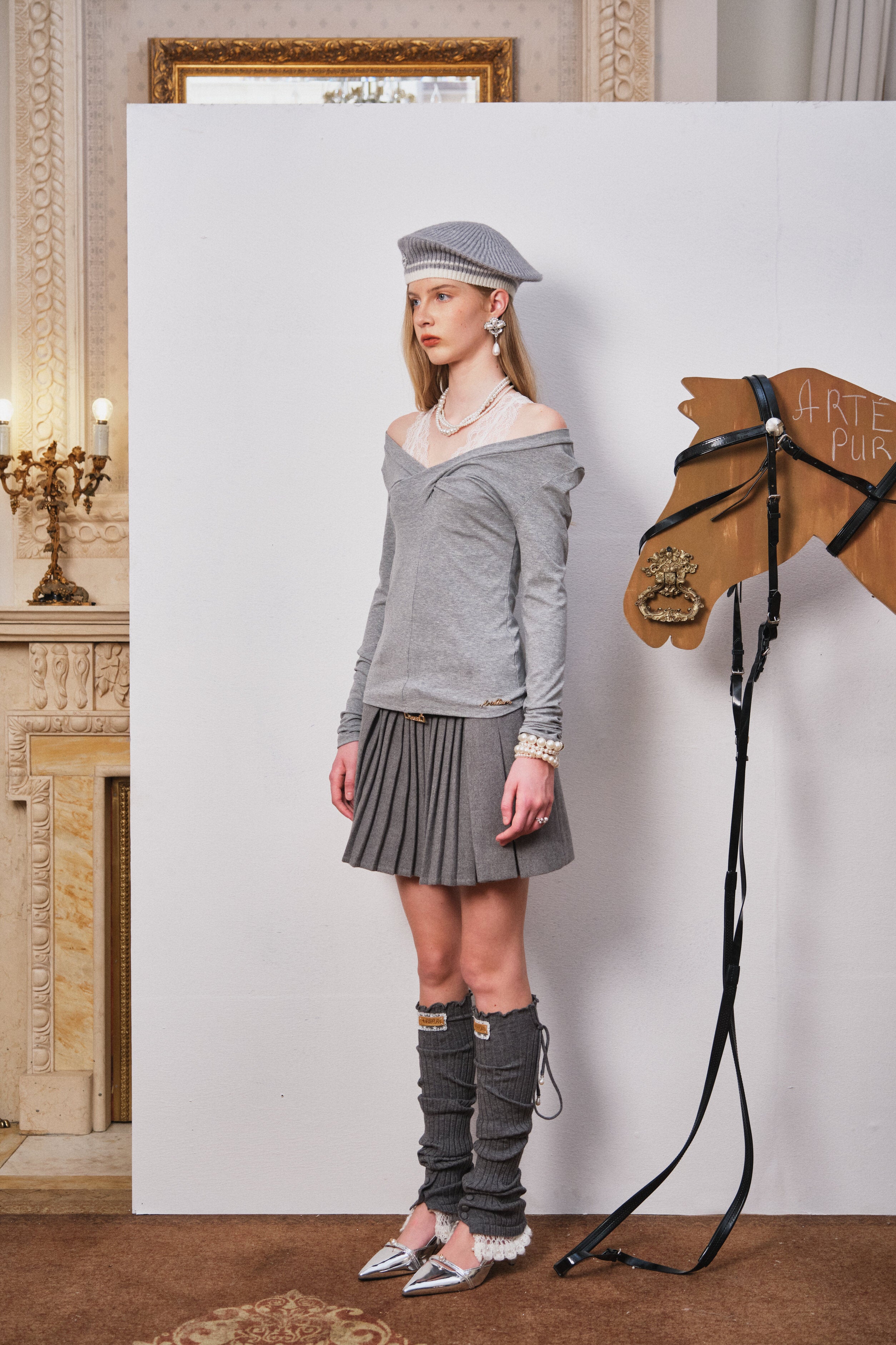 Grey Lace-Trim Knit Top