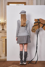 Grey Lace-Trim Knit Top