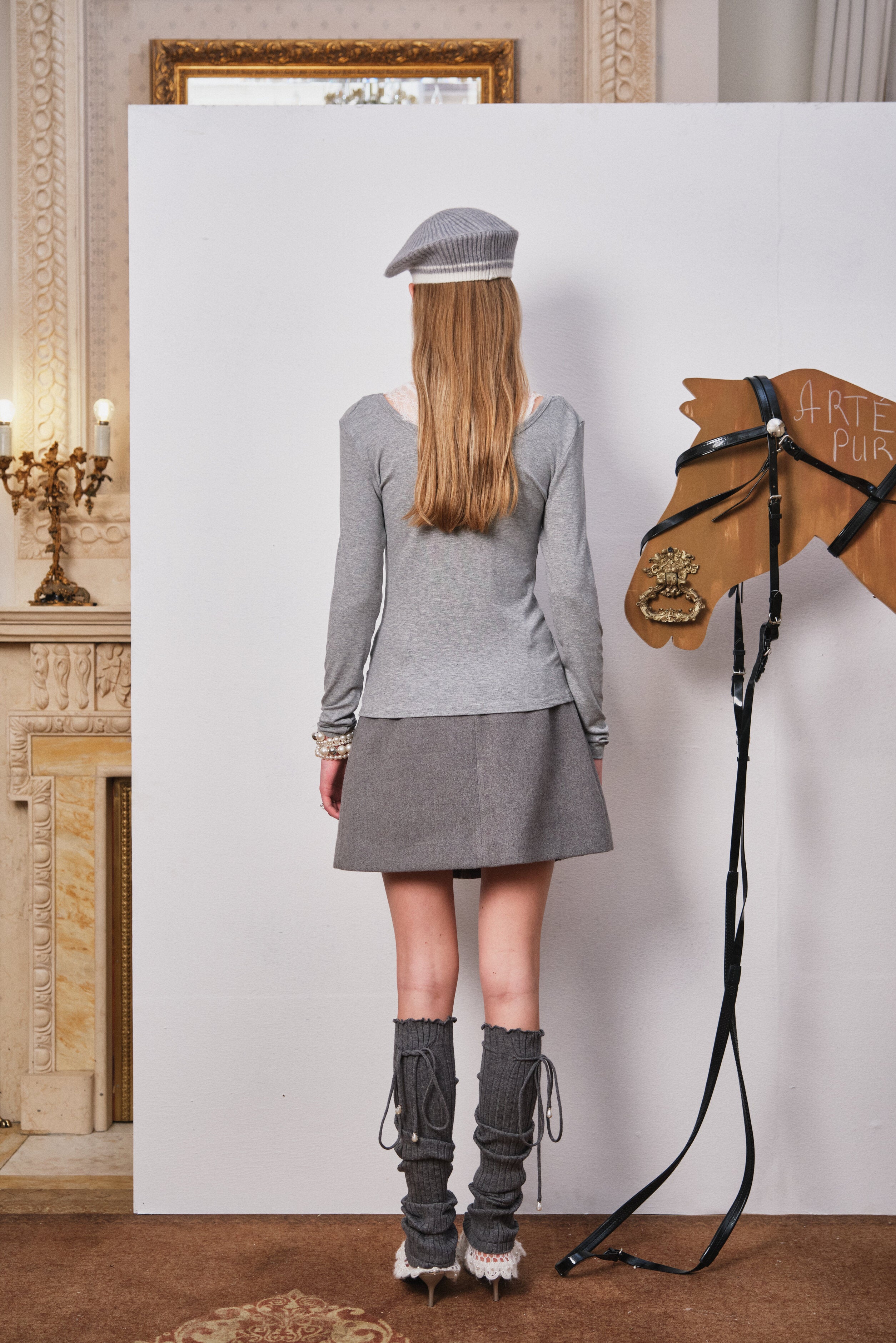 Grey Lace-Trim Knit Top