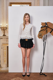 White Knit Cardigan with Pearl-Embellished Floral Accents