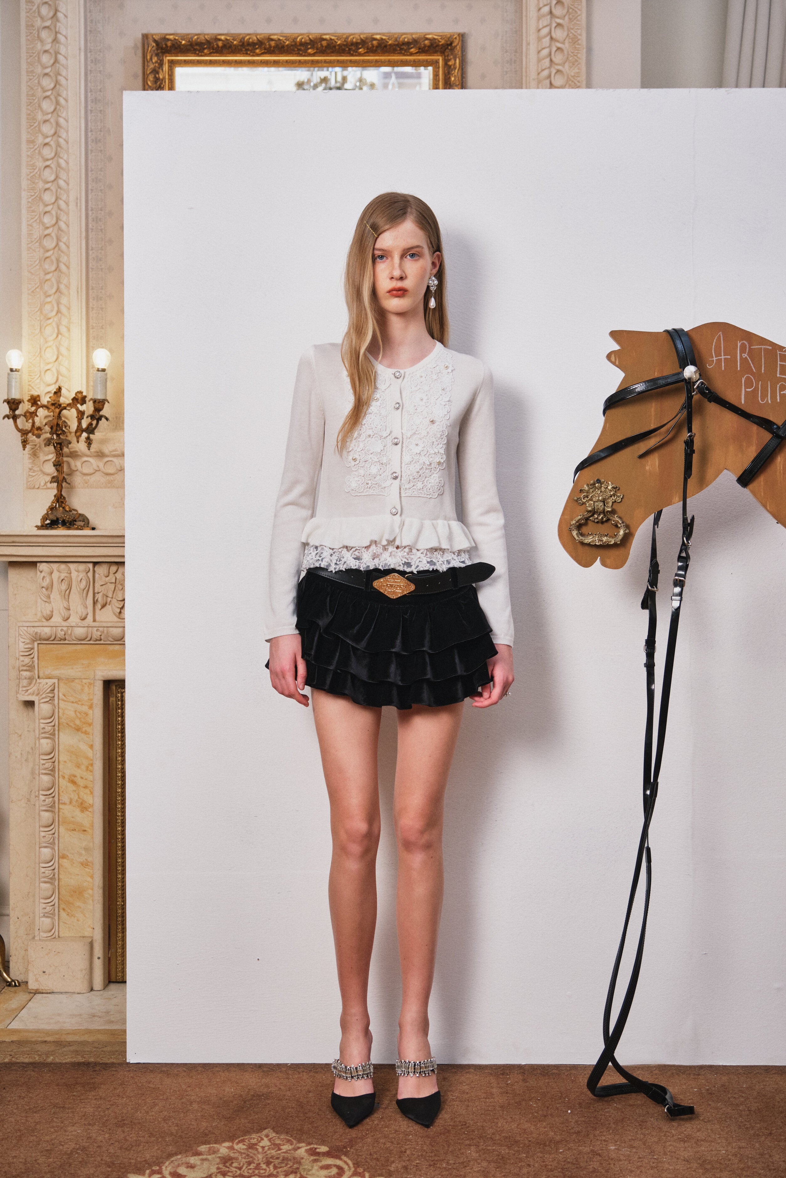 White Knit Cardigan with Pearl-Embellished Floral Accents