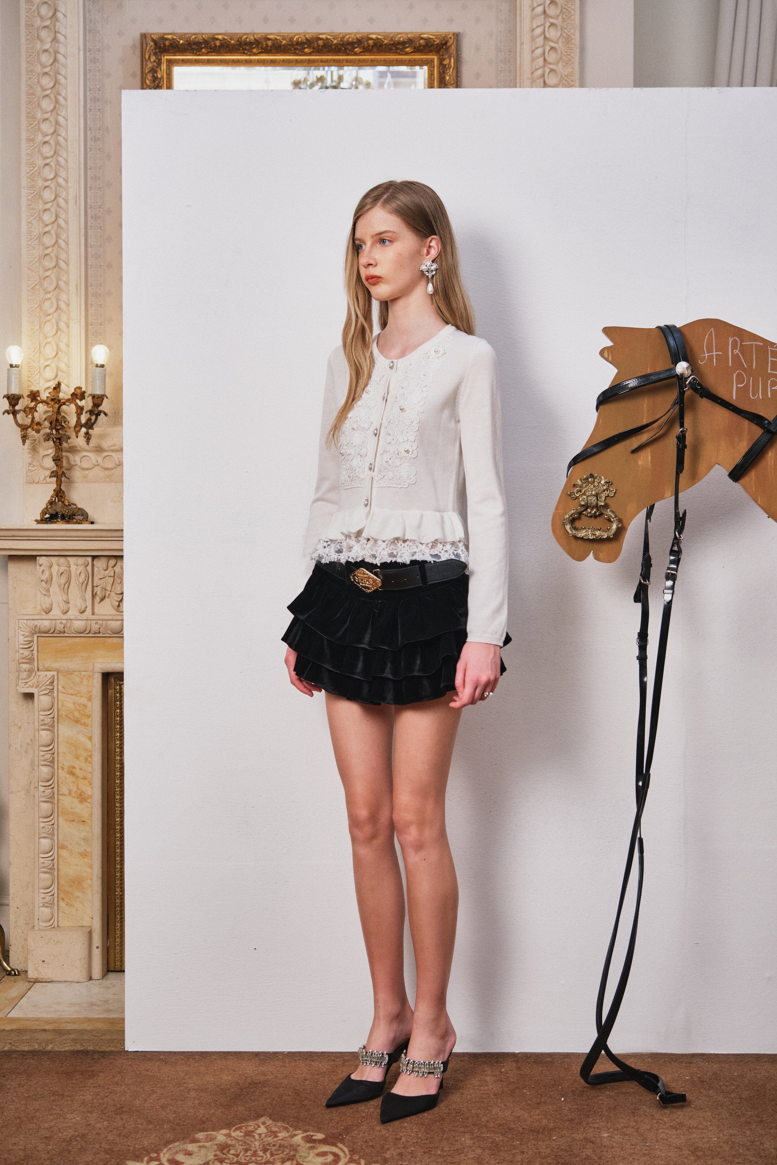 White Knit Cardigan with Pearl-Embellished Floral Accents