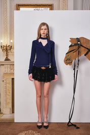 Navy Fitted Twist-Front Long Sleeve Top