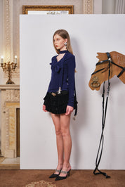 Navy Fitted Twist-Front Long Sleeve Top