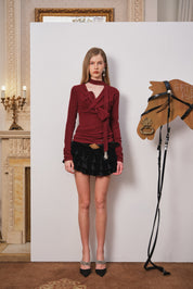 Red Fitted Twist-Front Long Sleeve Top