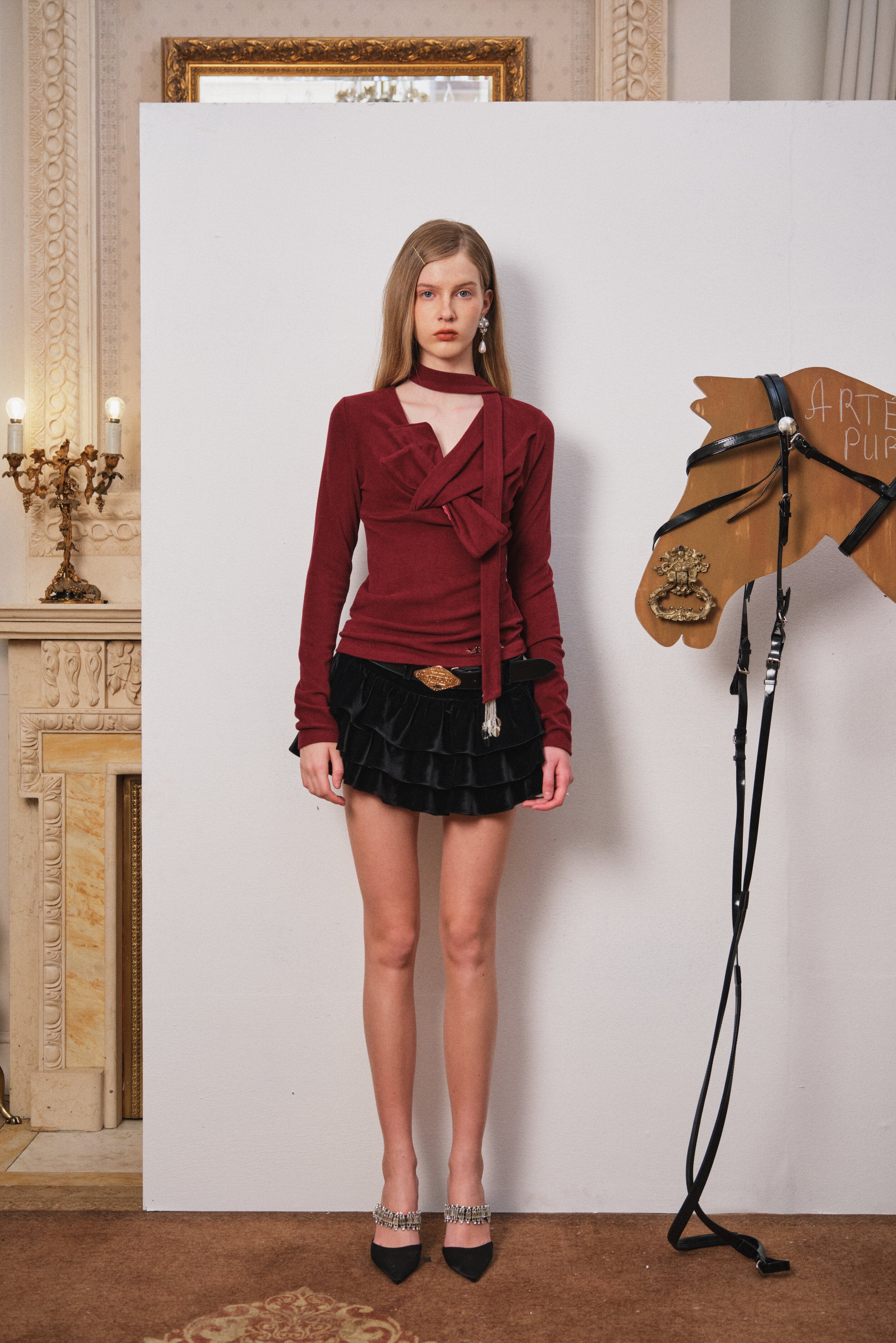 Red Fitted Twist-Front Long Sleeve Top