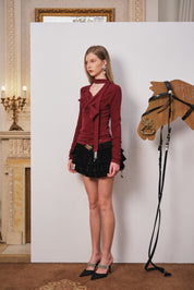 Red Fitted Twist-Front Long Sleeve Top