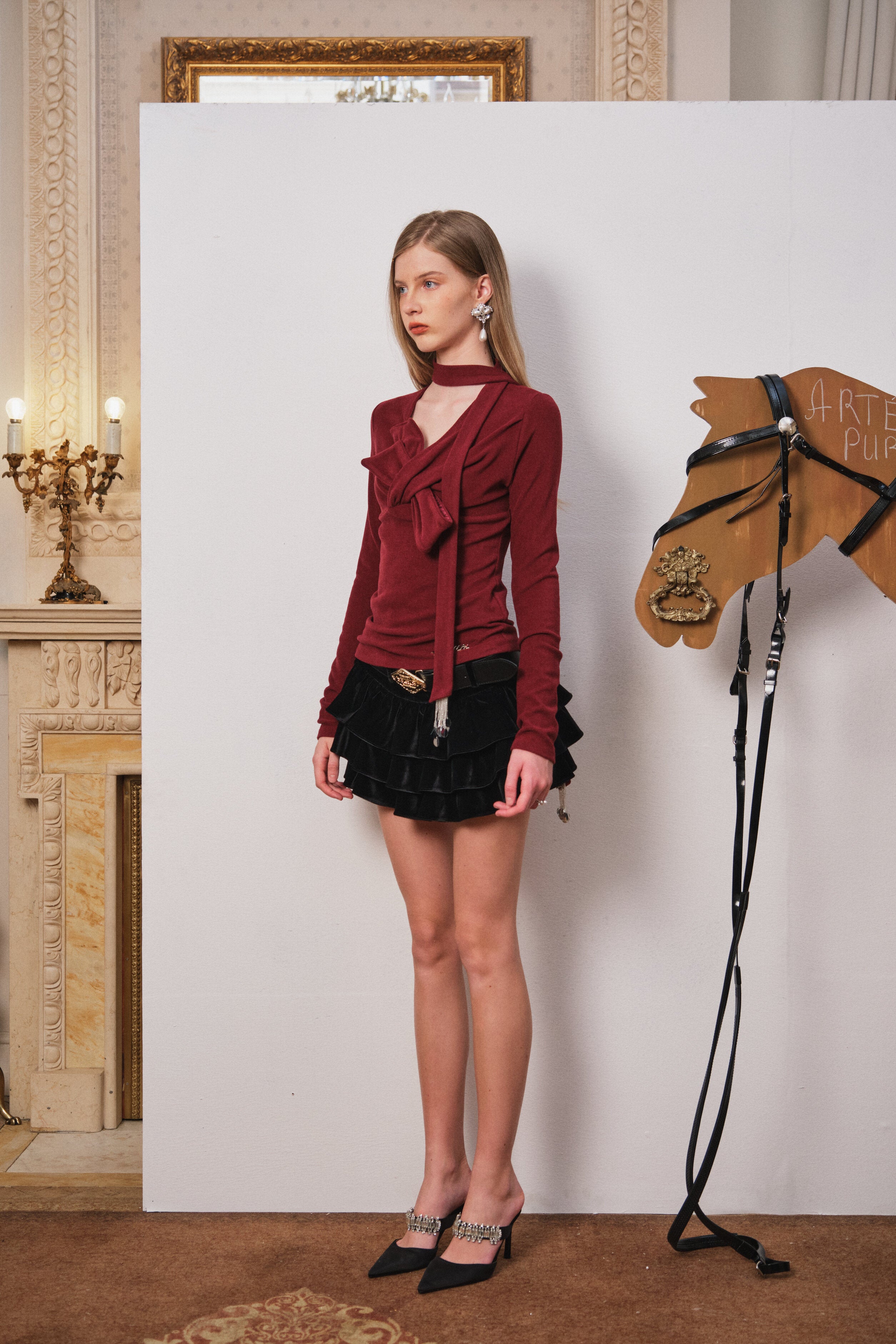 Red Fitted Twist-Front Long Sleeve Top