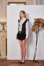 Black Velvet Tiered Belted Skirt