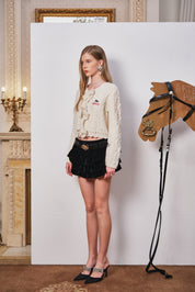 Ivory Wool Knit Cardigan with Bow Trim