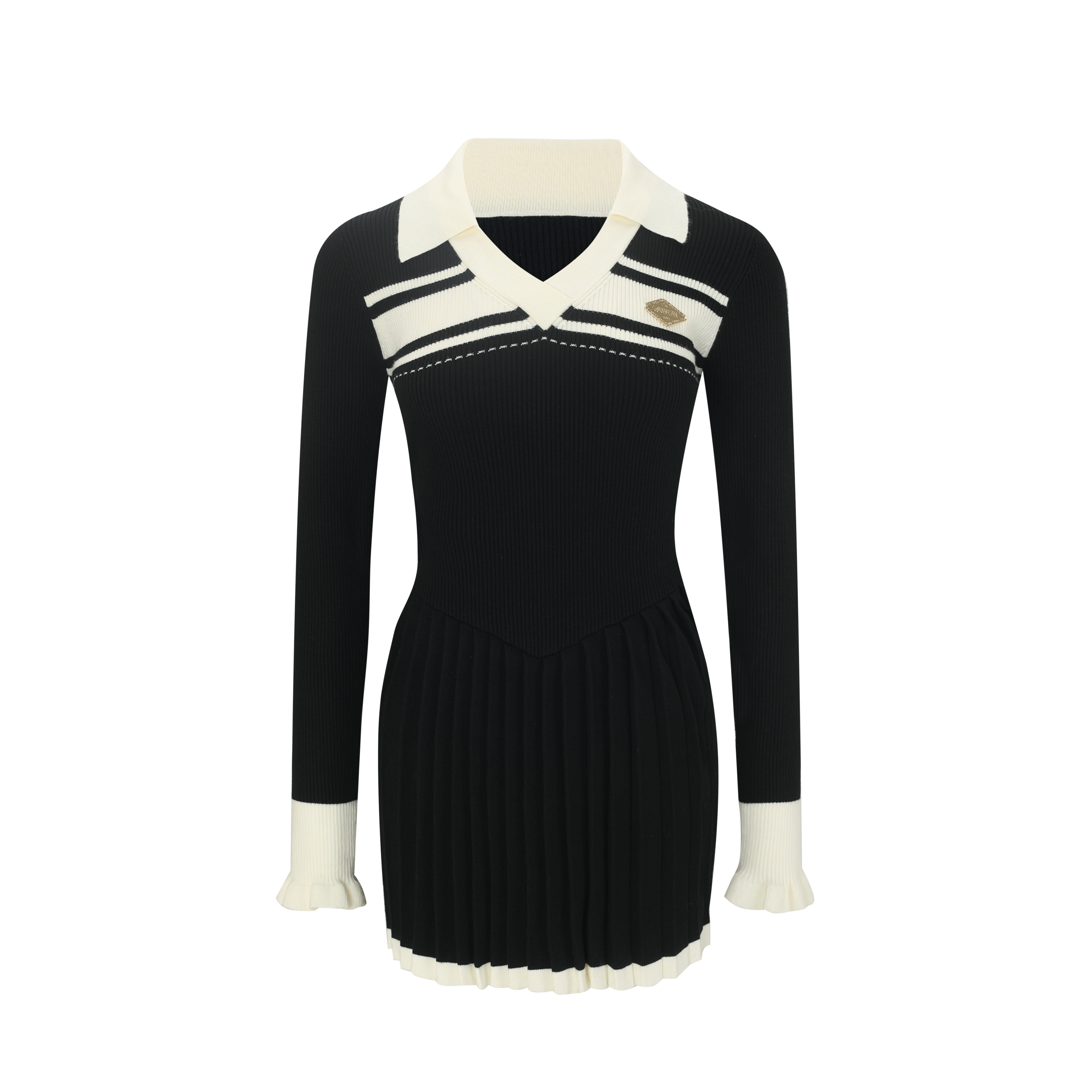 Black dress with white collar and cuffs on a white background