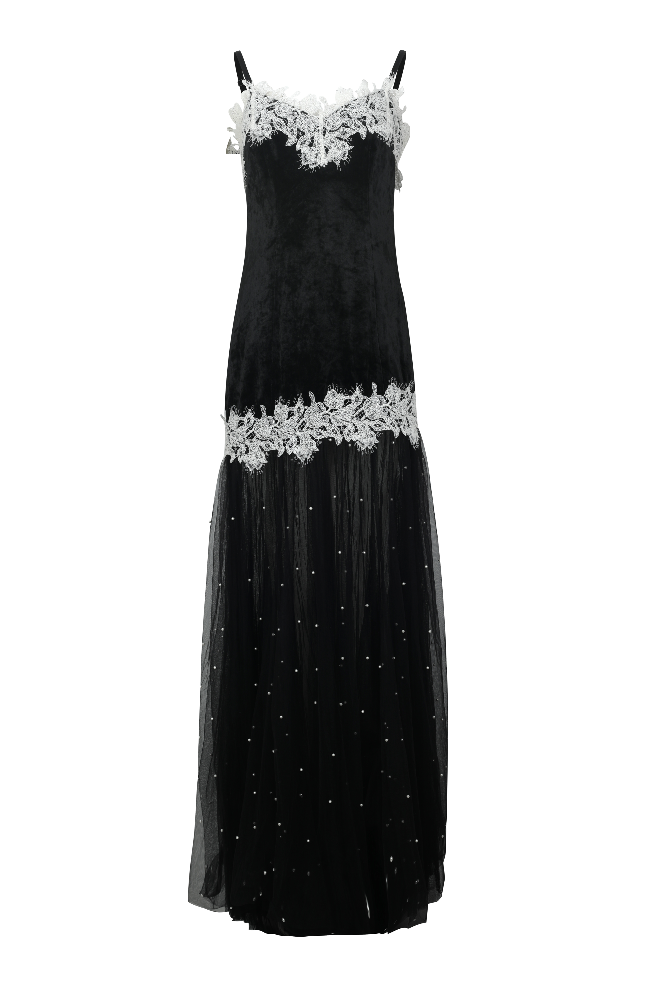 Black evening gown with white lace details on a white background