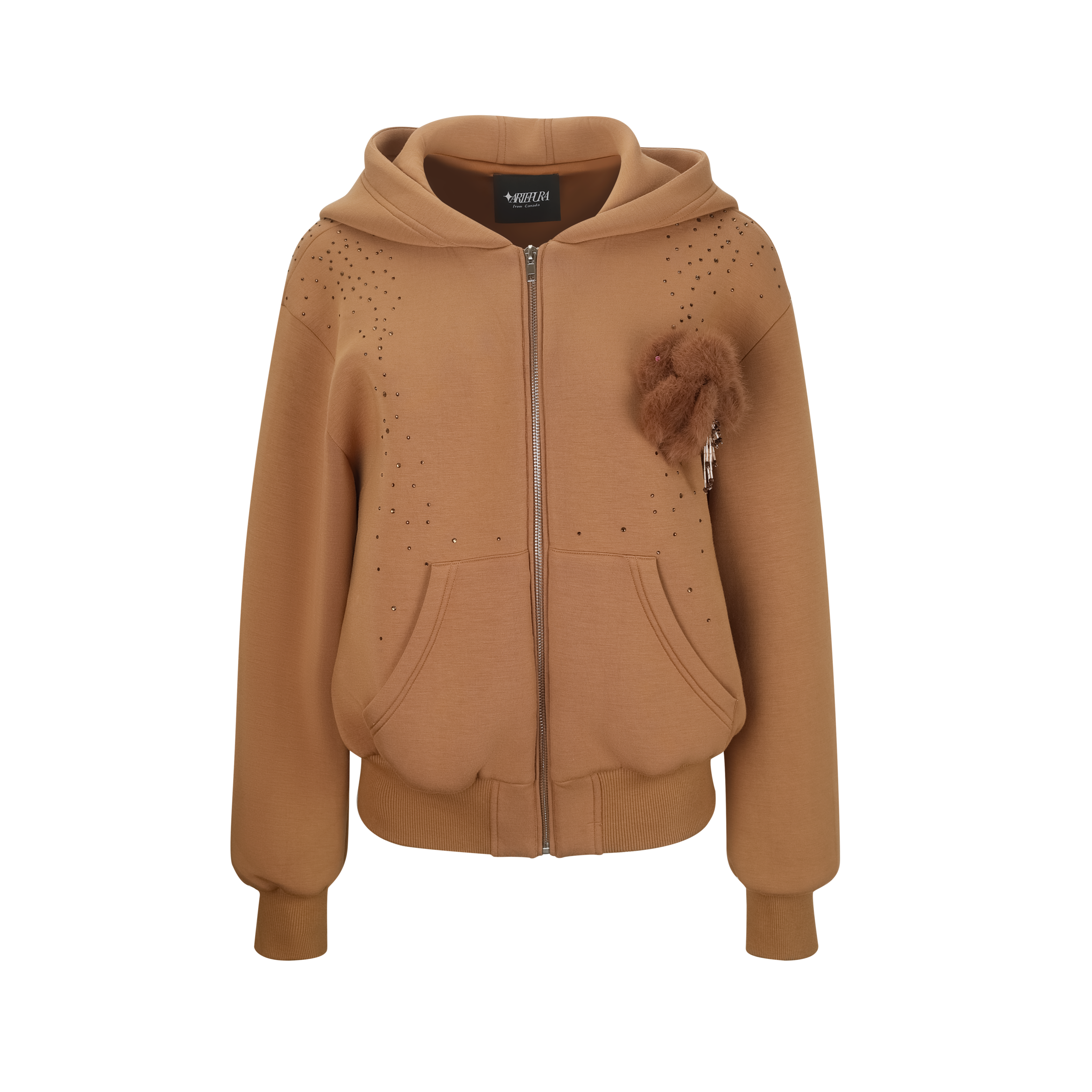 Brown hoodie with decorative elements on a white background