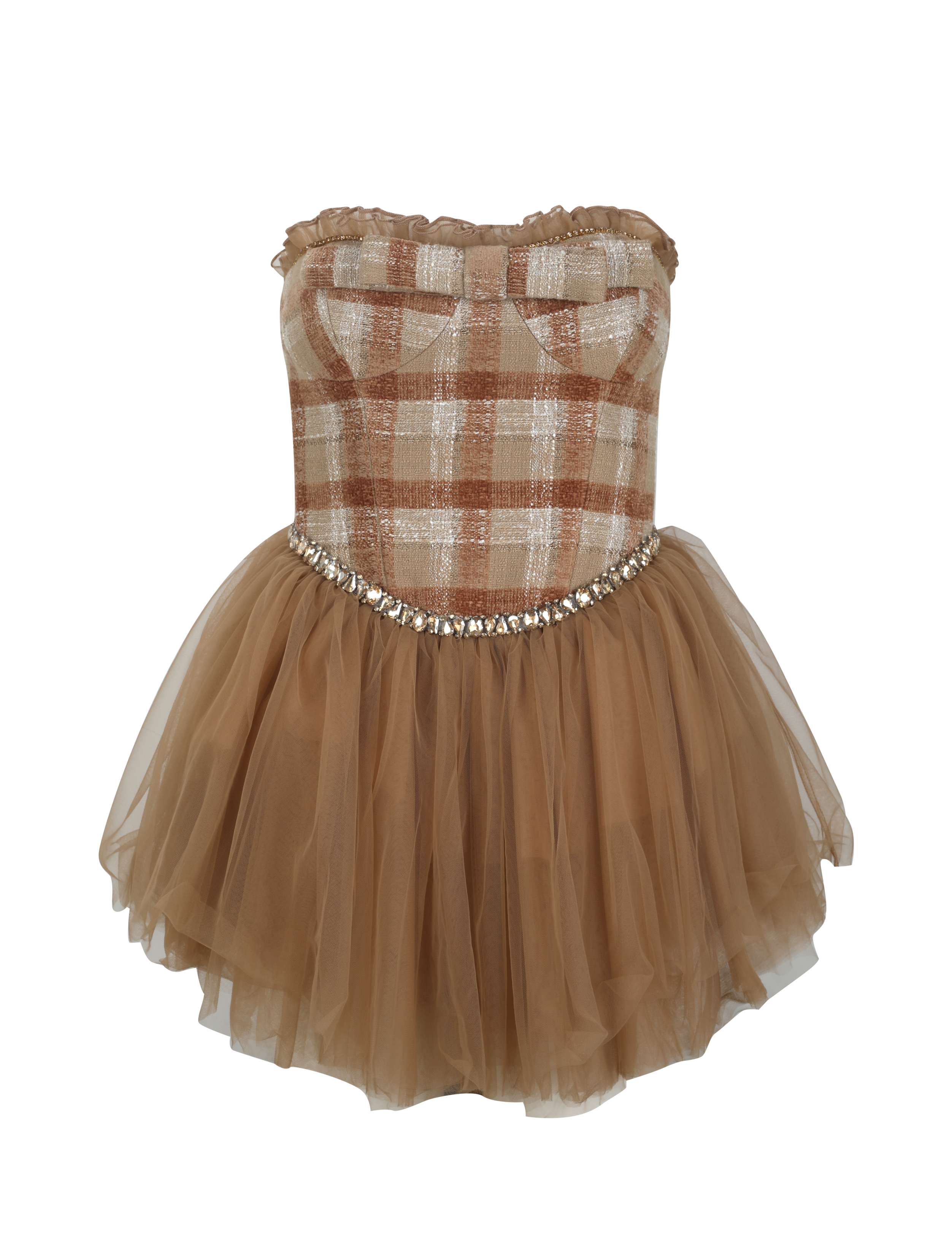 Brown checkered dress with tulle skirt on a white background