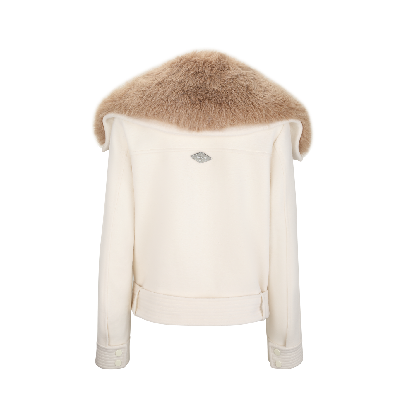 White jacket with fur hood on a white background