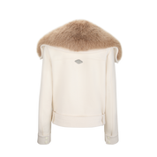 White jacket with fur hood on a white background