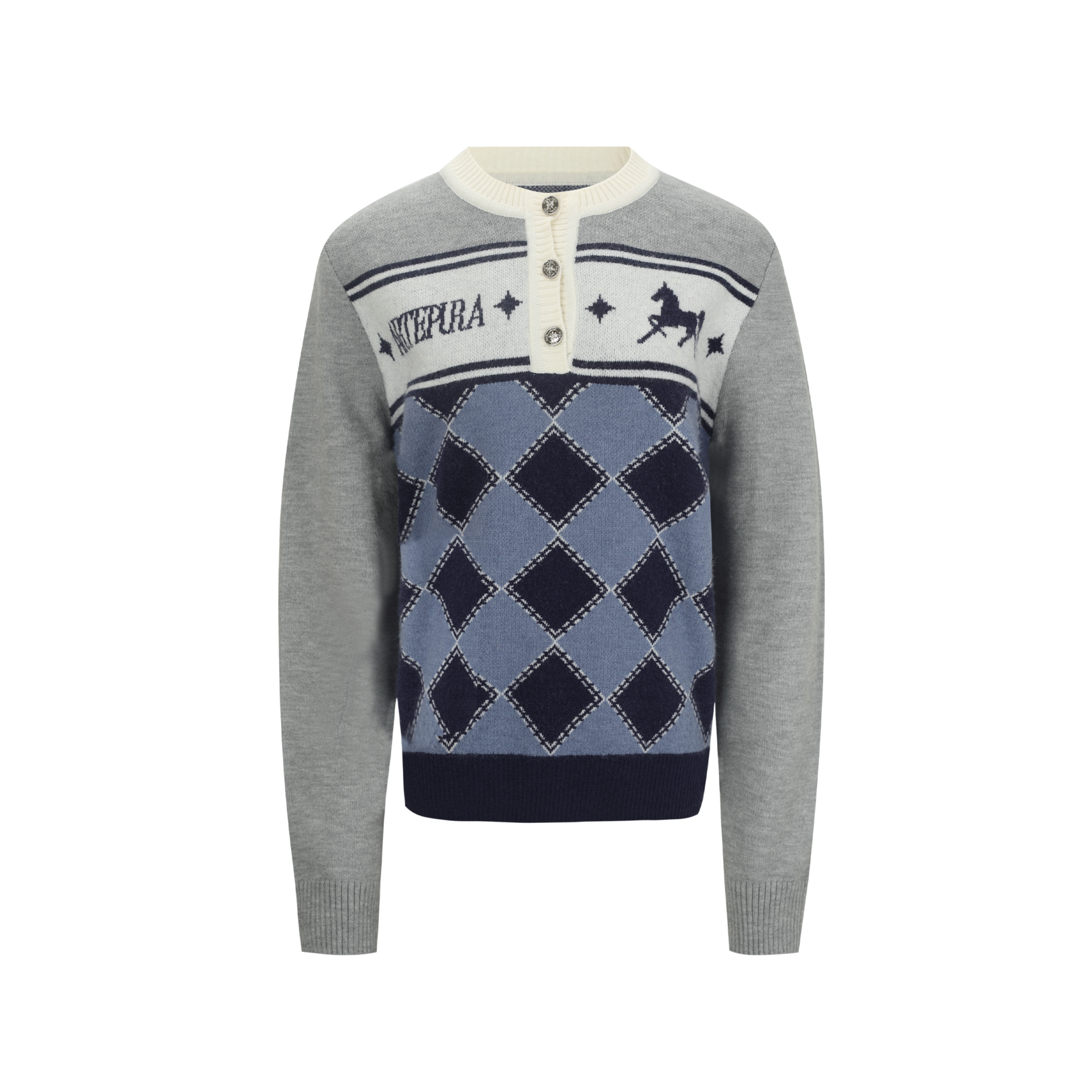 Gray sweater with argyle pattern and brand logo on a white background